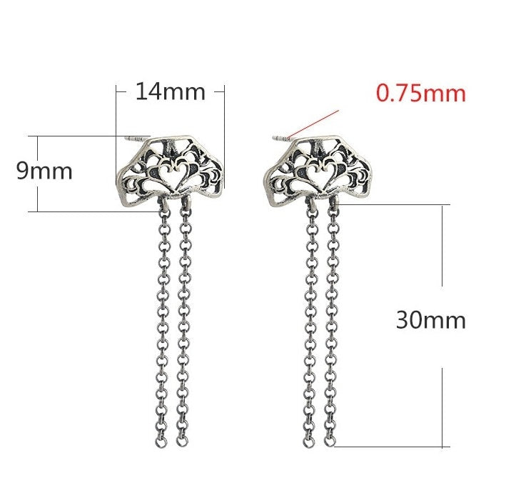 Retro Heart Love Chain Earrings Stud Setting Fine Sterling Silver Antique 925 14x39mm For Two Pearls Beads No Prongs DIY Jewelry Wholesale