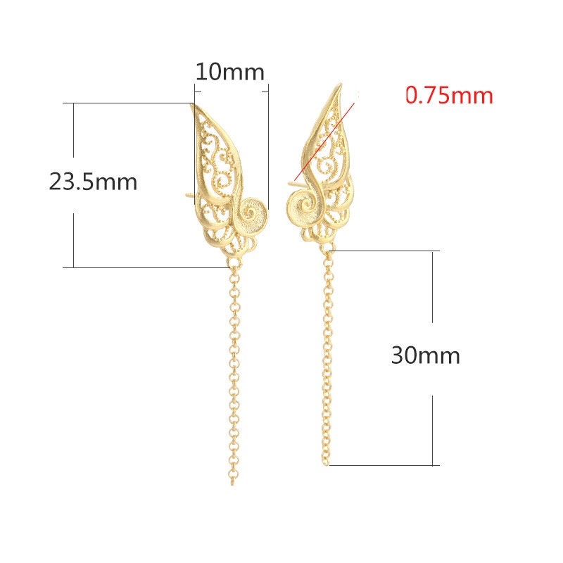 Openwork Wings Chain Earrings Stud No Prongs Setting Sterling Silver Gold Fine 925 10x53.5 mm For One Pearl Bead DIY Jewelry Wholesale