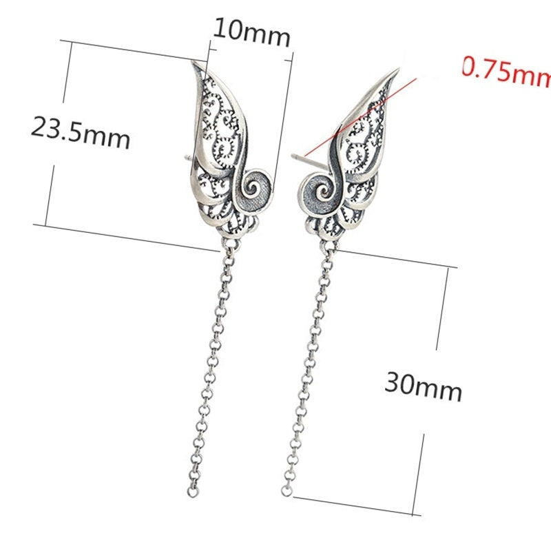 Openwork Wings Chain Earrings Stud No Prongs Setting Sterling Silver Gold Fine 925 10x53.5 mm For One Pearl Bead DIY Jewelry Wholesale