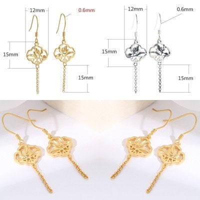 Retro Leaf Pattern Chain Earrings Hook Setting Fine Sterling Silver Gold 925 12x30mm For One Pearl Bead No Prongs DIY Jewelry Wholesale