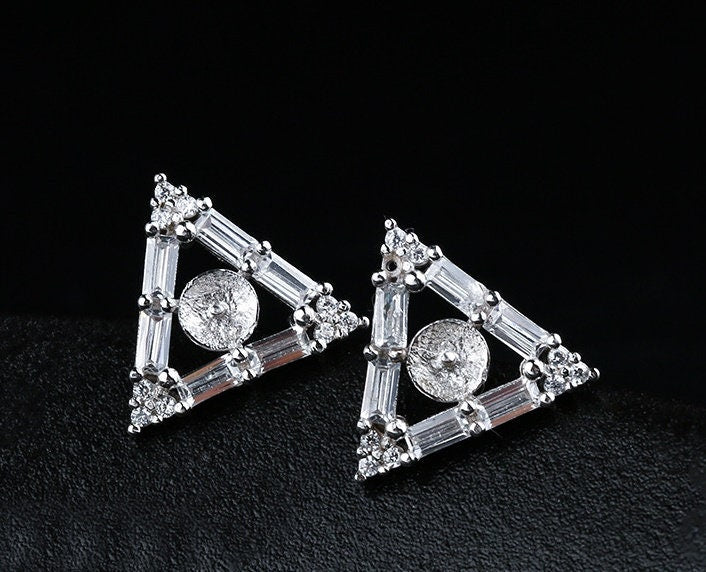 Crystals Triangle Pin Cup Earrings Stud Setting Sterling Silver White Gold Fine 925 6-9mm For One Pearl Bead No Prongs DIY Jewelry Wholesale