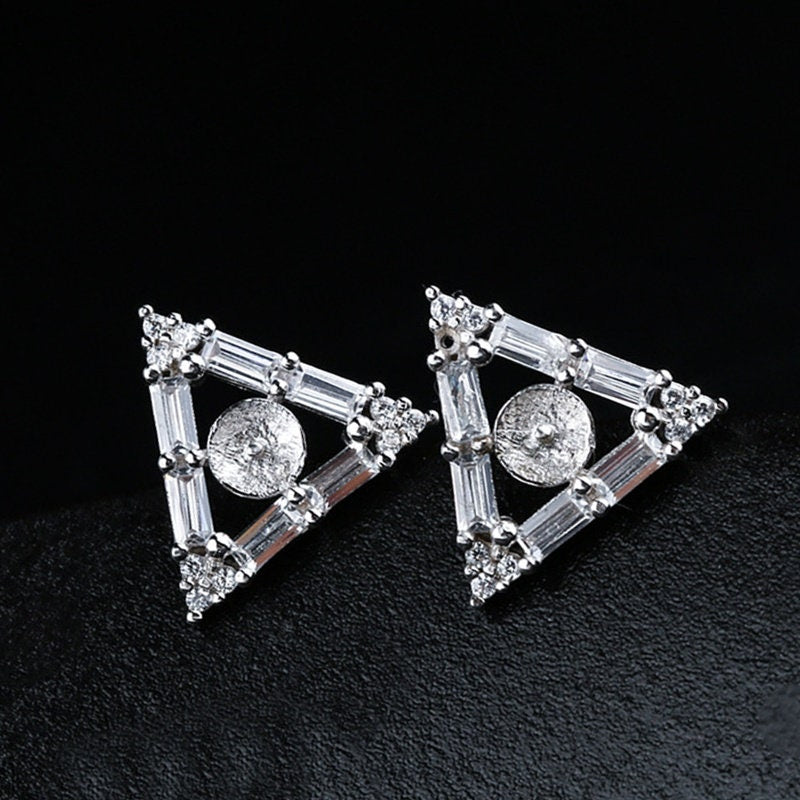 Crystals Triangle Pin Cup Earrings Stud Setting Sterling Silver White Gold Fine 925 6-9mm For One Pearl Bead No Prongs DIY Jewelry Wholesale