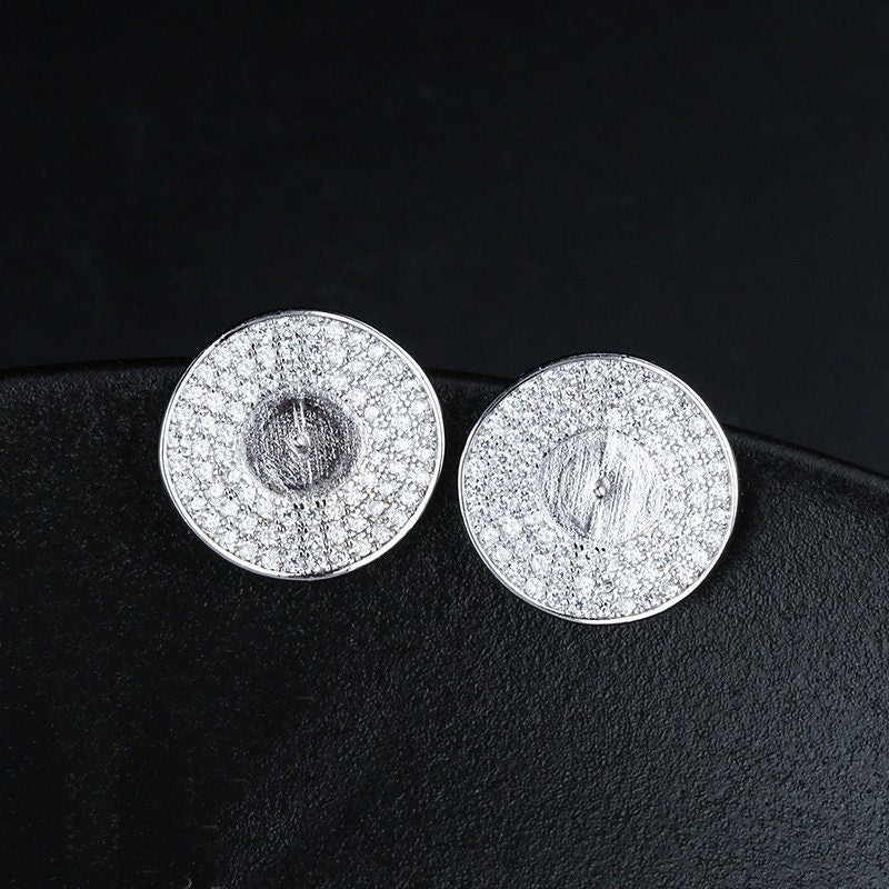 Crystals Round Pin Cup Base Earrings Stud No Prongs Setting Sterling Silver White Gold Fine 925 8-10mm For One Pearl DIY Jewelry Wholesale