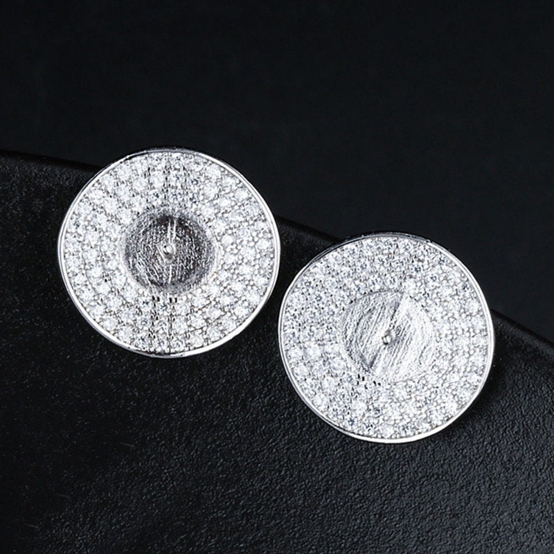 Crystals Round Pin Cup Base Earrings Stud No Prongs Setting Sterling Silver White Gold Fine 925 8-10mm For One Pearl DIY Jewelry Wholesale