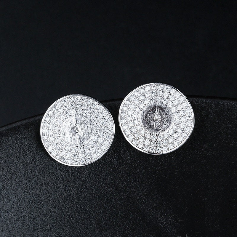 Crystals Round Pin Cup Base Earrings Stud No Prongs Setting Sterling Silver White Gold Fine 925 8-10mm For One Pearl DIY Jewelry Wholesale