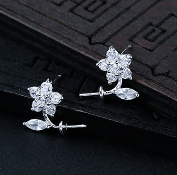 Crystals Flower Pin Cup Base Earrings Stud Setting Sterling Silver Fine 925 8-12mm For One Pearl Bead No Prongs DIY Jewelry Wholesale