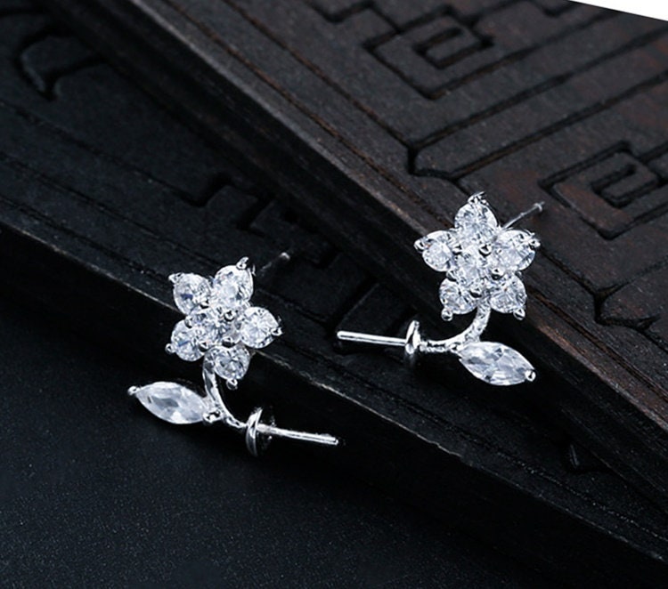 Crystals Flower Pin Cup Base Earrings Stud Setting Sterling Silver Fine 925 8-12mm For One Pearl Bead No Prongs DIY Jewelry Wholesale