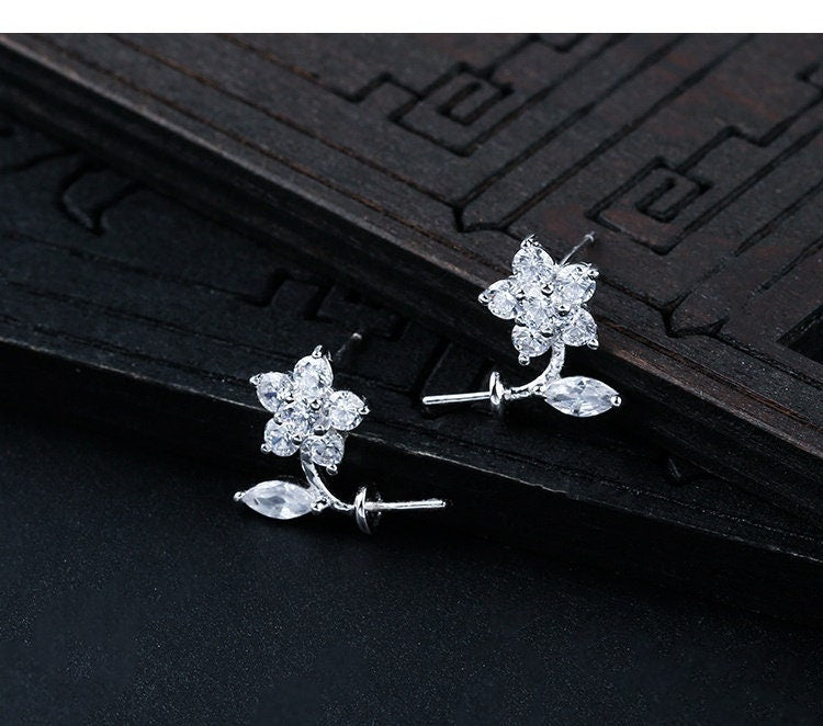 Crystals Flower Pin Cup Base Earrings Stud Setting Sterling Silver Fine 925 8-12mm For One Pearl Bead No Prongs DIY Jewelry Wholesale