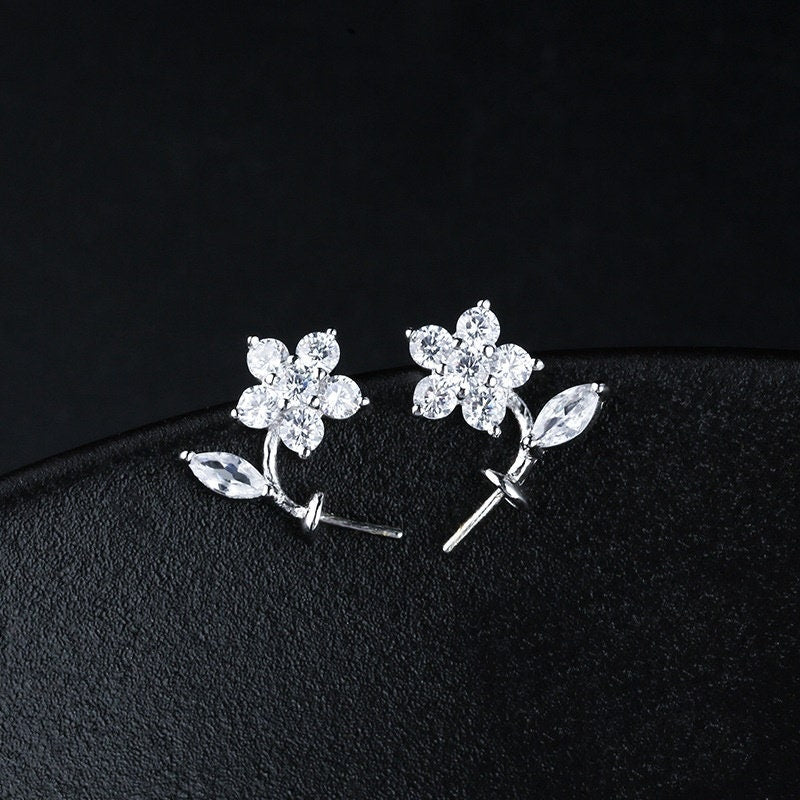 Crystals Flower Pin Cup Base Earrings Stud Setting Sterling Silver Fine 925 8-12mm For One Pearl Bead No Prongs DIY Jewelry Wholesale