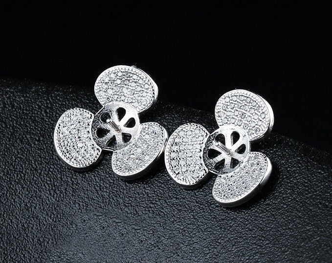 Crystals Flower Pin Cup Base Earrings Stud Blank Setting Sterling Silver Fine 925 8-10mm For One Pearl Bead No Prongs DIY Jewelry Wholesale