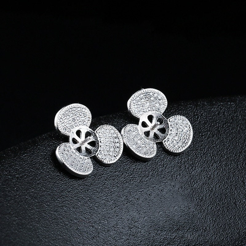 Crystals Flower Pin Cup Base Earrings Stud Blank Setting Sterling Silver Fine 925 8-10mm For One Pearl Bead No Prongs DIY Jewelry Wholesale