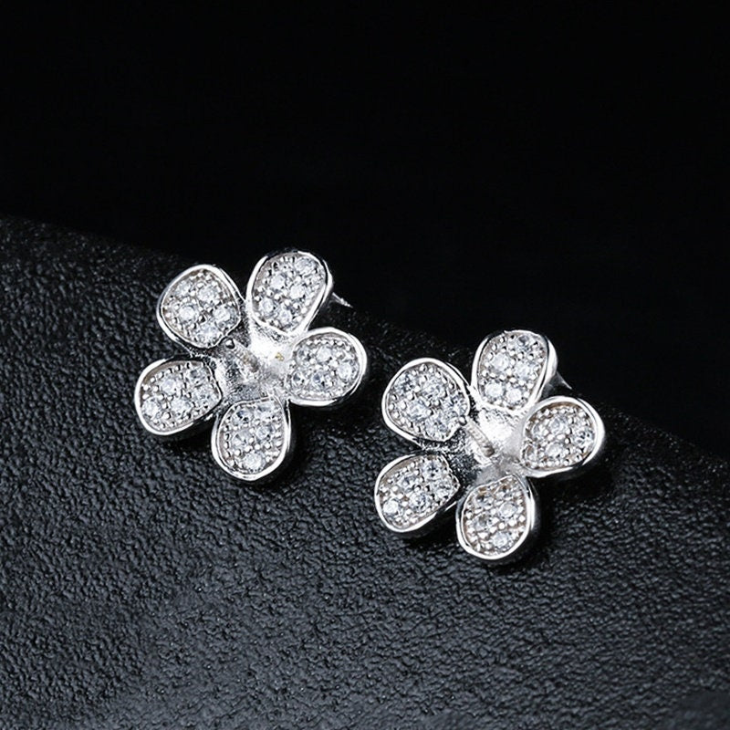 Crystals Flower Pin Cup Base Earrings Stud Setting Sterling Silver White Gold Fine 925 6-9mm For One Pearl No Prongs DIY Jewelry Wholesale