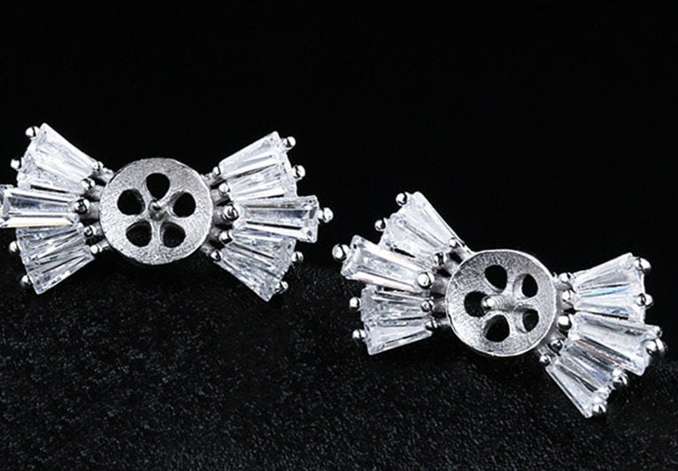 Crystals Bow-Knot Pin Cup Base Earrings Stud Setting Bezel Sterling Silver Fine 925 8mm For One Pearl Bead No Prongs DIY Jewelry Wholesale