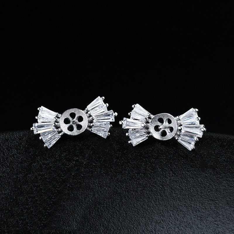 Crystals Bow-Knot Pin Cup Base Earrings Stud Setting Bezel Sterling Silver Fine 925 8mm For One Pearl Bead No Prongs DIY Jewelry Wholesale