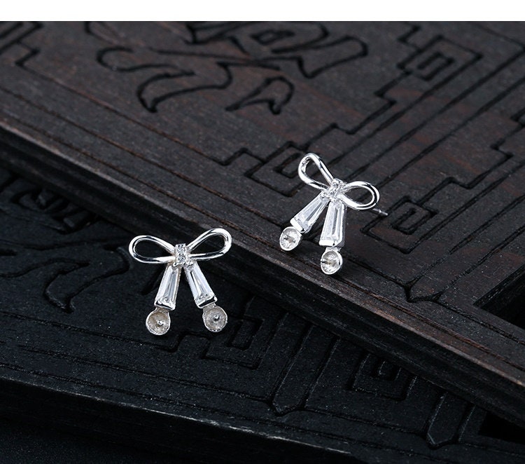 Crystals Bow-Knot Pin Cup Earrings Stud Setting Sterling Silver White Gold Fine 925 4-5mm For Two Pearls No Prongs DIY Jewelry Wholesale