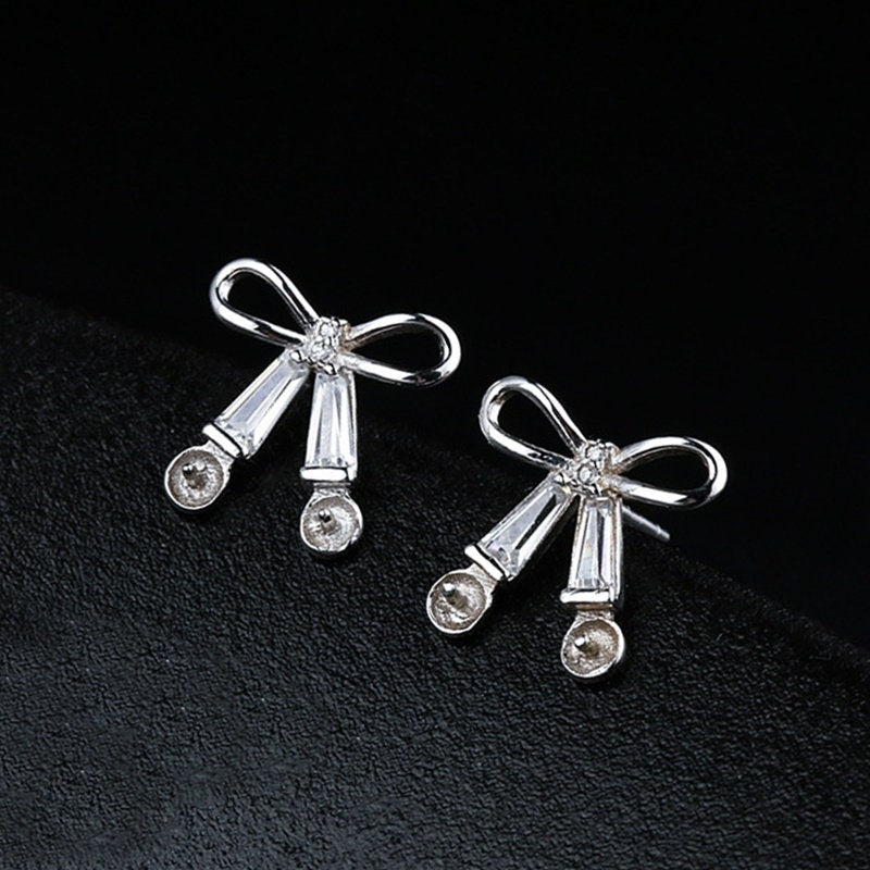 Crystals Bow-Knot Pin Cup Earrings Stud Setting Sterling Silver White Gold Fine 925 4-5mm For Two Pearls No Prongs DIY Jewelry Wholesale