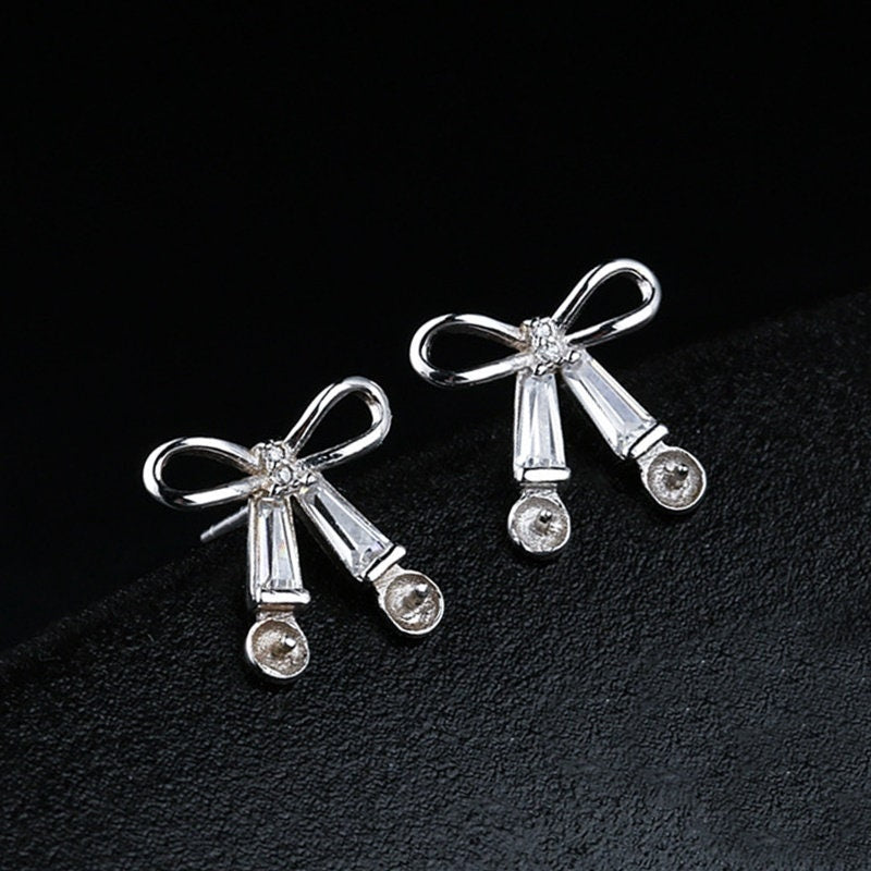 Crystals Bow-Knot Pin Cup Earrings Stud Setting Sterling Silver White Gold Fine 925 4-5mm For Two Pearls No Prongs DIY Jewelry Wholesale