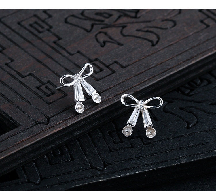 Crystals Bow-Knot Pin Cup Earrings Stud Setting Sterling Silver White Gold Fine 925 4-5mm For Two Pearls No Prongs DIY Jewelry Wholesale