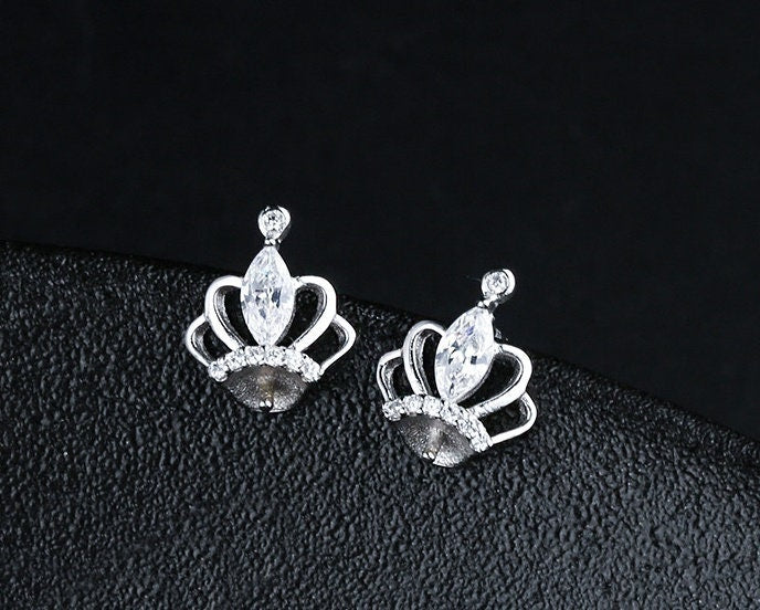 Crystals Crown Pin Cup Base Earrings Stud Setting Sterling Silver White Gold Fine 925 6-8mm For One Pearl No Prongs DIY Jewelry Wholesale