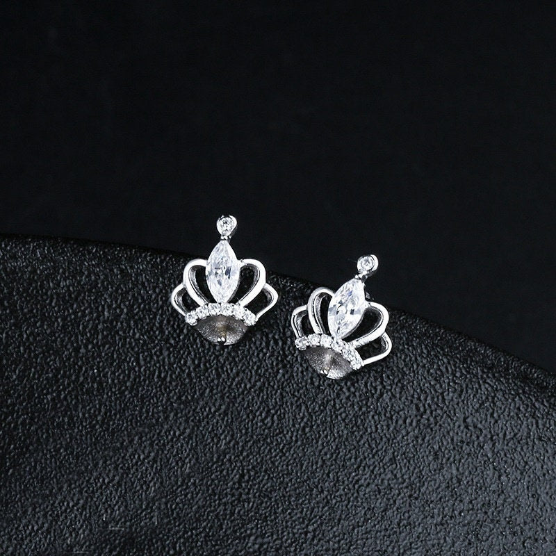 Crystals Crown Pin Cup Base Earrings Stud Setting Sterling Silver White Gold Fine 925 6-8mm For One Pearl No Prongs DIY Jewelry Wholesale