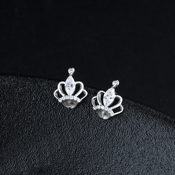 Crystals Crown Pin Cup Base Earrings Stud Setting Sterling Silver White Gold Fine 925 6-8mm For One Pearl No Prongs DIY Jewelry Wholesale