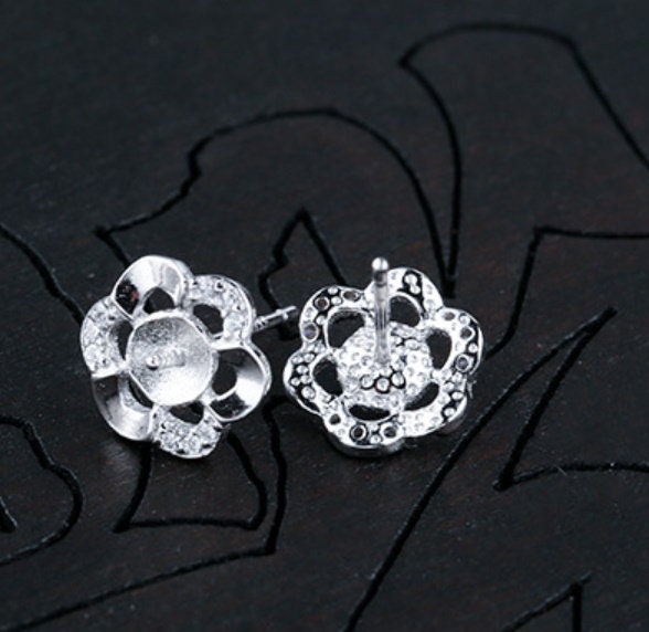 Crystals Flower Pin Cup Base Earrings Stud No Prongs Setting Sterling Silver White Gold Fine 925 5-6mm For One Pearl DIY Jewelry Wholesale