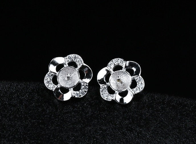 Crystals Flower Pin Cup Base Earrings Stud No Prongs Setting Sterling Silver White Gold Fine 925 5-6mm For One Pearl DIY Jewelry Wholesale