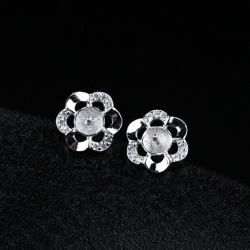 Crystals Flower Pin Cup Base Earrings Stud No Prongs Setting Sterling Silver White Gold Fine 925 5-6mm For One Pearl DIY Jewelry Wholesale