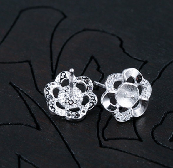 Crystals Flower Pin Cup Base Earrings Stud No Prongs Setting Sterling Silver White Gold Fine 925 5-6mm For One Pearl DIY Jewelry Wholesale