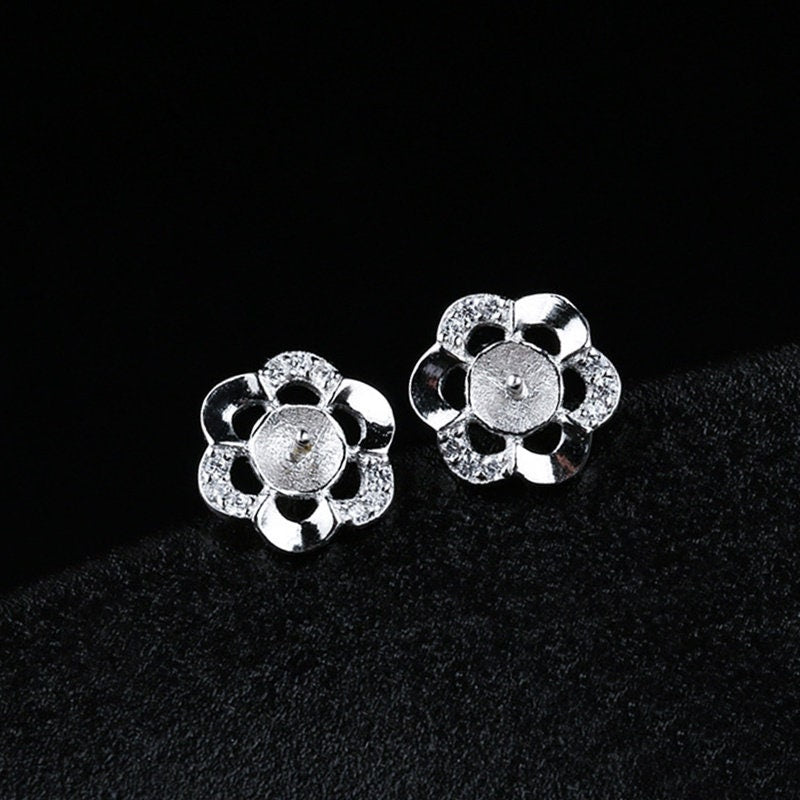 Crystals Flower Pin Cup Base Earrings Stud No Prongs Setting Sterling Silver White Gold Fine 925 5-6mm For One Pearl DIY Jewelry Wholesale