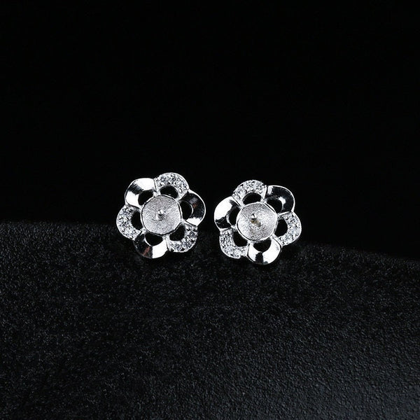 Crystals Flower Pin Cup Base Earrings Stud No Prongs Setting Sterling Silver White Gold Fine 925 5-6mm For One Pearl DIY Jewelry Wholesale