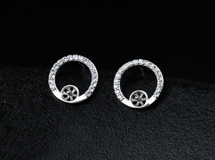 Crystals Circle Pin Cup Base Earrings Stud Blank Setting Sterling Silver Fine 925 4-6mm For One Pearl Bead No Prongs DIY Jewelry Wholesale