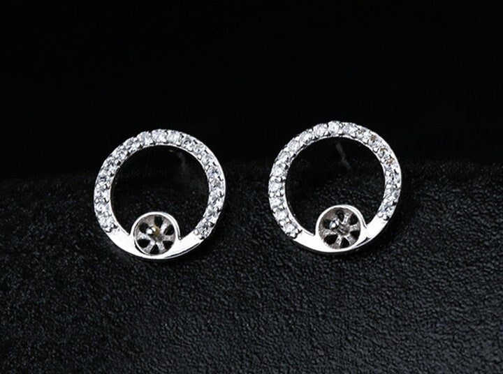 Crystals Circle Pin Cup Base Earrings Stud Blank Setting Sterling Silver Fine 925 4-6mm For One Pearl Bead No Prongs DIY Jewelry Wholesale