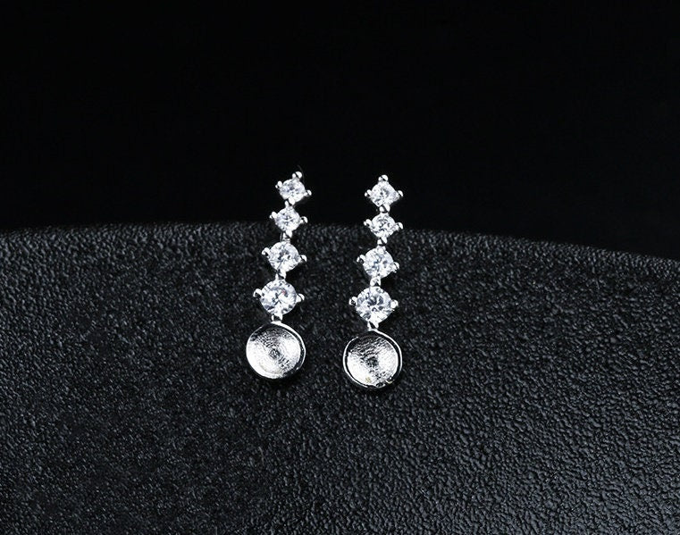 Crystals Strip Pin Cup Base Earrings Stud Setting Sterling Silver White Gold Fine 925 5-7mm For One Pearl No Prongs DIY Jewelry Wholesale