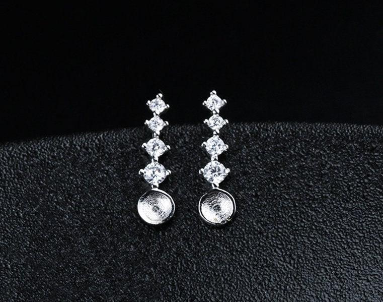 Crystals Strip Pin Cup Base Earrings Stud Setting Sterling Silver White Gold Fine 925 5-7mm For One Pearl No Prongs DIY Jewelry Wholesale