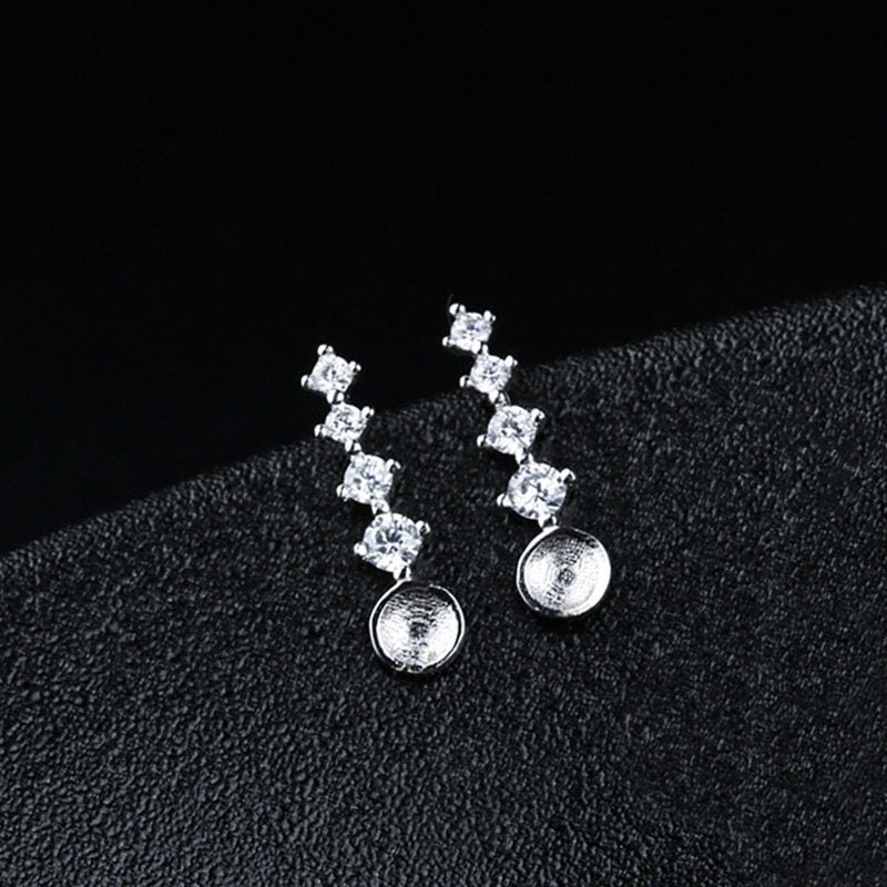 Crystals Strip Pin Cup Base Earrings Stud Setting Sterling Silver White Gold Fine 925 5-7mm For One Pearl No Prongs DIY Jewelry Wholesale