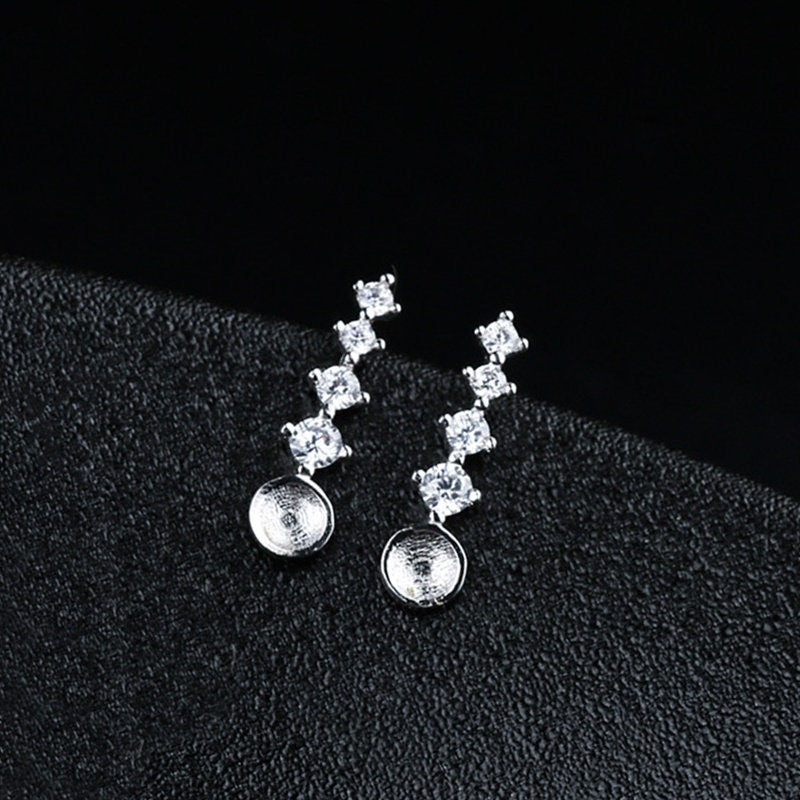 Crystals Strip Pin Cup Base Earrings Stud Setting Sterling Silver White Gold Fine 925 5-7mm For One Pearl No Prongs DIY Jewelry Wholesale