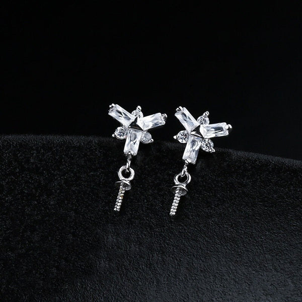 Crystals Flower Pin Cup Base Earrings Stud Setting Bezel Sterling Silver Fine 925 5-11mm For One Pearl Bead No Prongs DIY Jewelry Wholesale