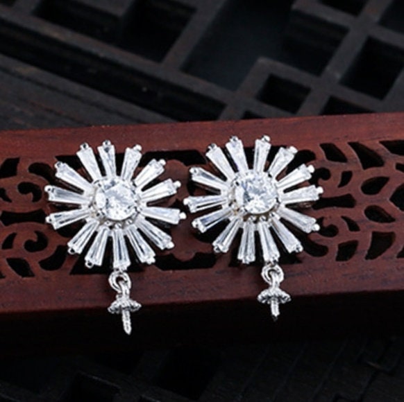 Crystals Sunflower Pin Base Earrings Stud Setting Tray Bulk Sterling Silver Fine 925 6-12mm For One Pearl No Prongs DIY Jewelry Wholesale