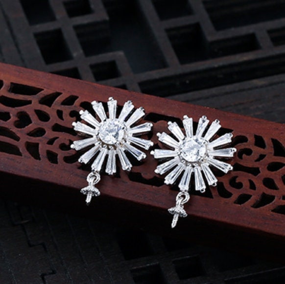 Crystals Sunflower Pin Base Earrings Stud Setting Tray Bulk Sterling Silver Fine 925 6-12mm For One Pearl No Prongs DIY Jewelry Wholesale