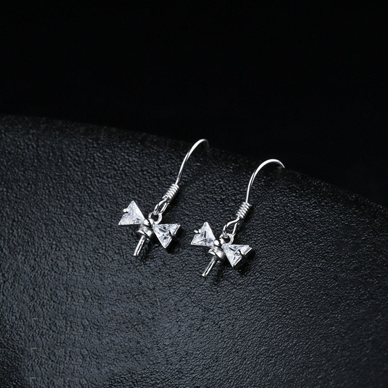 Crystals Bow-Knot Pin Cup Base Earrings Hook Setting Wholesale Sterling Silver Fine 925 6-10mm For One Pearl Bead No Prongs DIY Jewelry