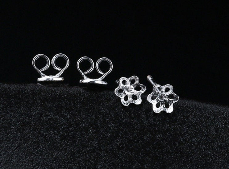 Flower Pin Cup Base Earrings Stud No Prongs Setting Sterling Silver White Gold Fine 925 5-10mm For One Pearl Bead DIY Jewelry Wholesale