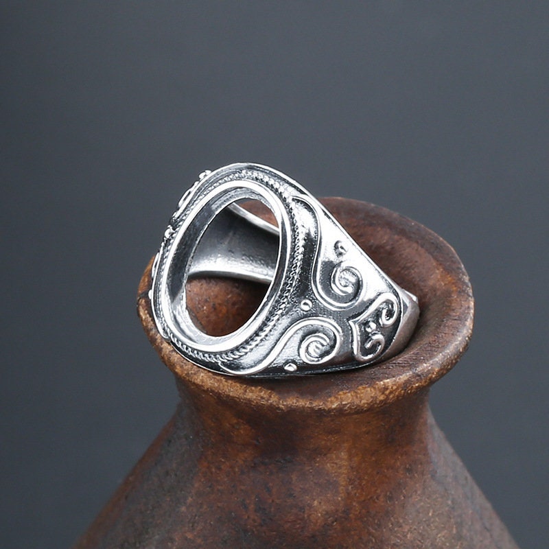 Ring Blank Setting 1pc Sterling Silver 925 Vintage Oval Adjustable Antique Fine 9.5-22mm For One Stone Gemstone No Prongs Wholesale