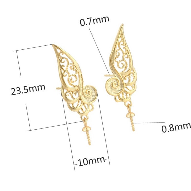 Openwork Wings Cup Pin Earrings Hook No Prongs Setting Sterling Silver Gold Fine 925 10x23.5 mm For One Pearl Bead DIY Jewelry Wholesale