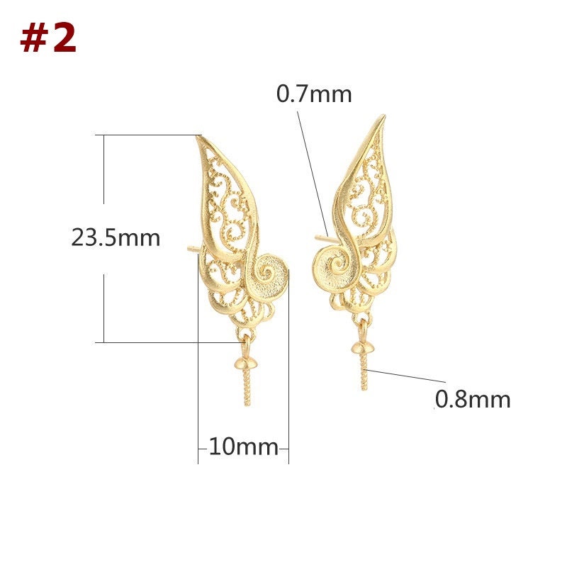 Openwork Wings Cup Pin Earrings Hook No Prongs Setting Sterling Silver Gold Fine 925 10x23.5 mm For One Pearl Bead DIY Jewelry Wholesale