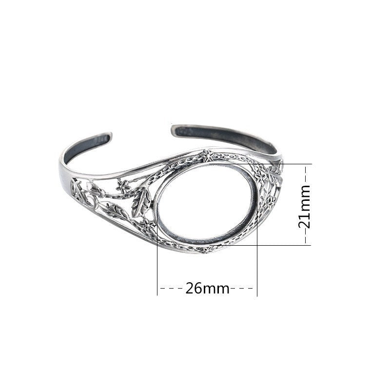 Ethnic Leaf Pattern Oval Mount Bracelet Setting Sterling Silver Fine 925 26x21mm For One Stone Adjustable No Prongs DIY Jewelry Wholesale