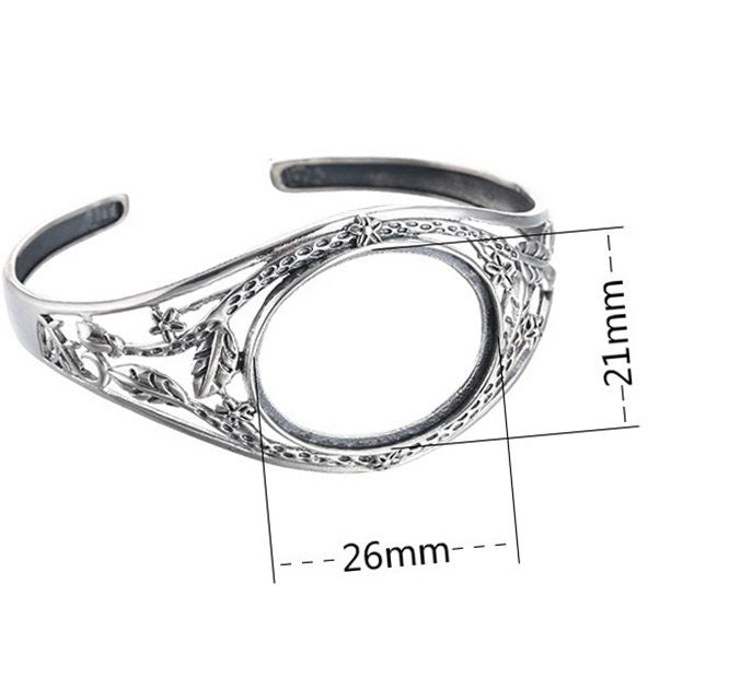 Ethnic Leaf Pattern Oval Mount Bracelet Setting Sterling Silver Fine 925 26x21mm For One Stone Adjustable No Prongs DIY Jewelry Wholesale