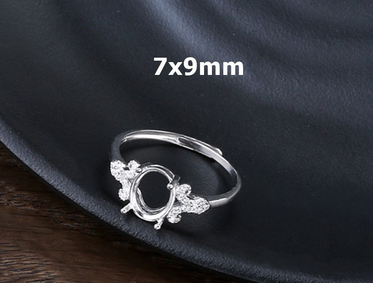 Ring Blank Setting 1pc Sterling Silver 925 Crystals Oval White Gold Fine 7x9mm For One Stone Gemstone Adjustable Four Prongs Wholesale