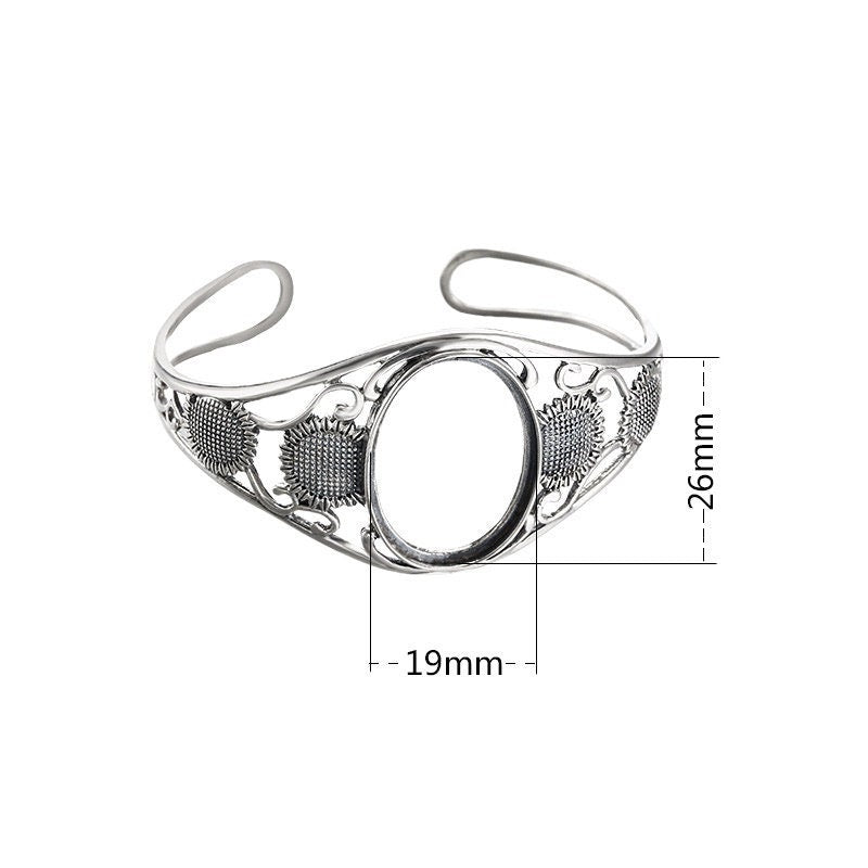 Ethnic Sunflower Oval Mount Bracelet Setting Sterling Silver Fine 925 26x19mm For One Stone Adjustable No Prongs DIY Jewelry Wholesale