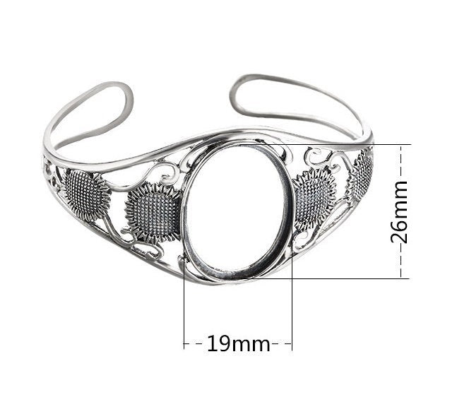 Ethnic Sunflower Oval Mount Bracelet Setting Sterling Silver Fine 925 26x19mm For One Stone Adjustable No Prongs DIY Jewelry Wholesale